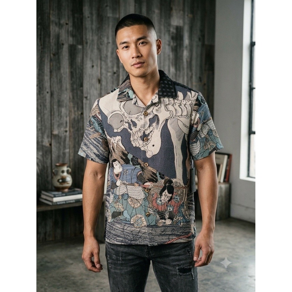 Rebel Vengeance Japanese Tapestry Samurai Skull Print button down Jacket mens L